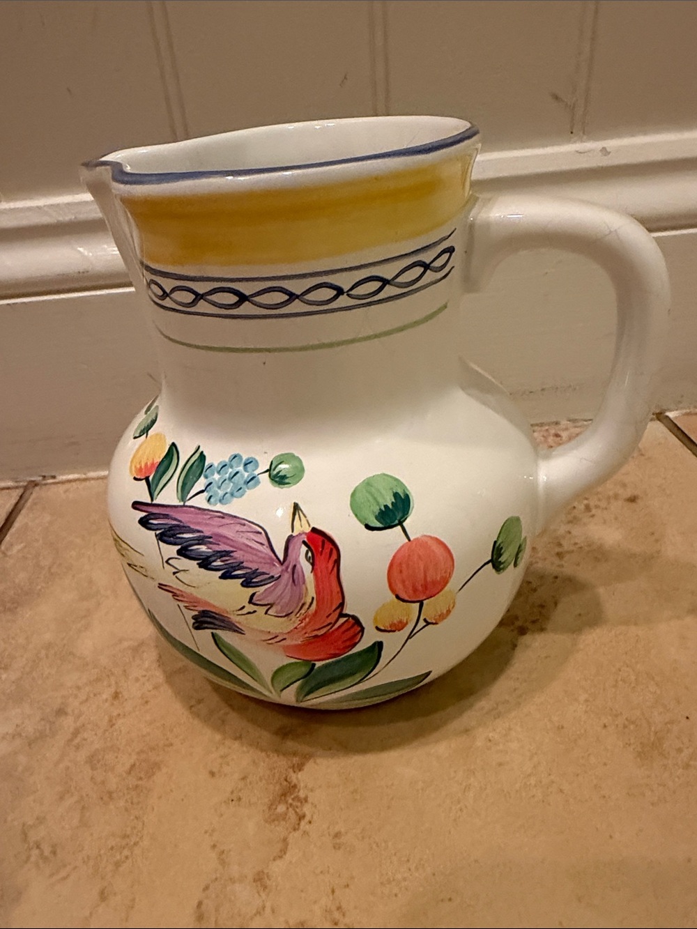 Hand-Painted Ceramic Pitcher with Multicolor Bird motif - Present Tense li
